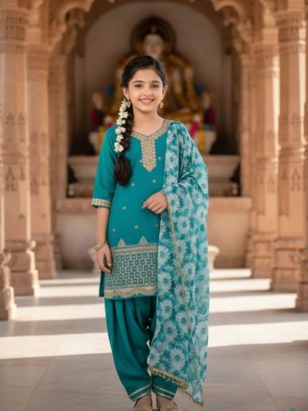 Mesmerizing Teal Blue Floral Embroidered Kids Silk Crepe Suit Set with Dupatta Kurtis