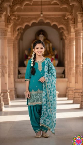 Mesmerizing Teal Blue Floral Embroidered Kids Silk Crepe Suit Set with Dupatta Girls Wear