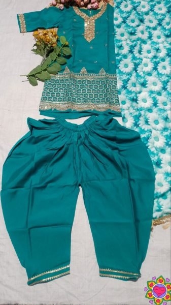 Mesmerizing Teal Blue Floral Embroidered Kids Silk Crepe Suit Set with Dupatta Girls Wear