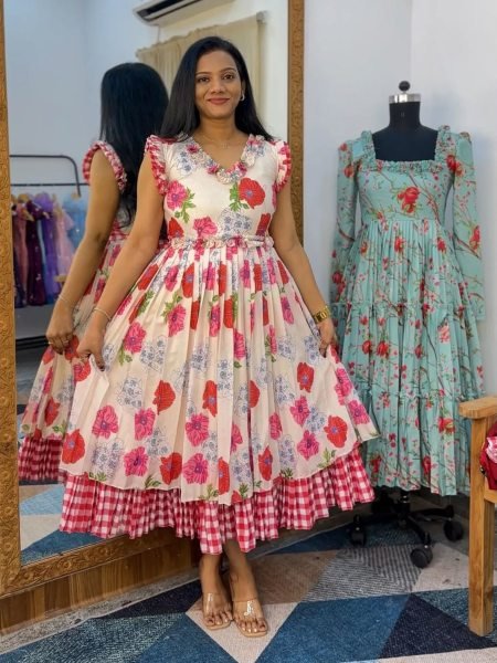 Mesmerizing White Chanderi Cotton Floral Gown with Designer Neckline Kurtis