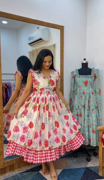 Mesmerizing White Chanderi Cotton Floral Gown with Designer Neckline Western Ladies Top Wholesale