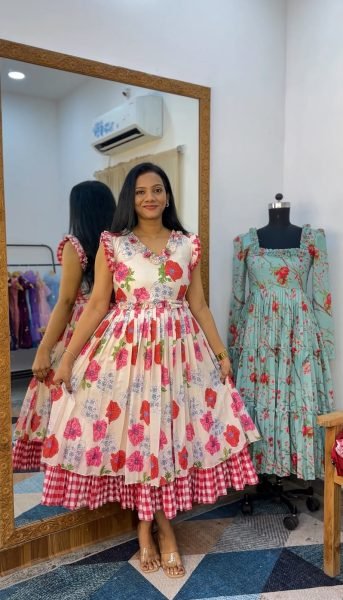 Mesmerizing White Chanderi Cotton Floral Gown with Designer Neckline Western Ladies Top Wholesale