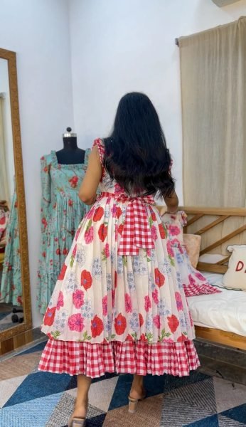 Mesmerizing White Chanderi Cotton Floral Gown with Designer Neckline Western Ladies Top Wholesale
