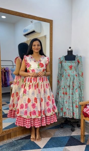 Mesmerizing White Chanderi Cotton Floral Gown with Designer Neckline Western Ladies Top Wholesale