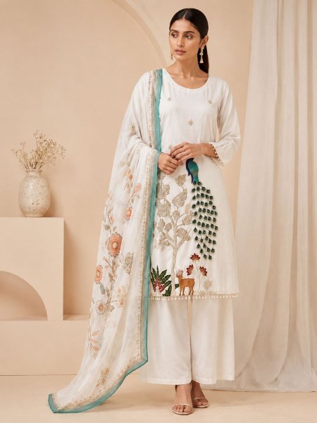 Mesmerizing White Chinon Heavy Embroidery Three Piece Suit Set with Printed Dupatta Embroidery Kurtis 