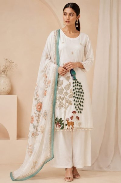 Mesmerizing White Chinon Heavy Embroidery Three Piece Suit Set with Printed Dupatta Embroidery Kurtis 