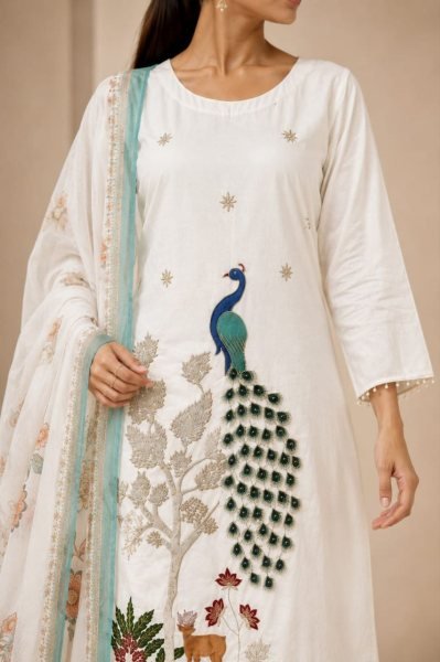 Mesmerizing White Chinon Heavy Embroidery Three Piece Suit Set with Printed Dupatta Embroidery Kurtis 