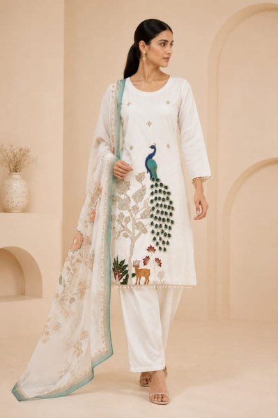 Mesmerizing White Chinon Heavy Embroidery Three Piece Suit Set with Printed Dupatta Embroidery Kurtis 