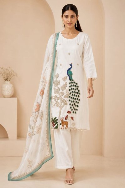 Mesmerizing White Chinon Heavy Embroidery Three Piece Suit Set with Printed Dupatta Embroidery Kurtis 