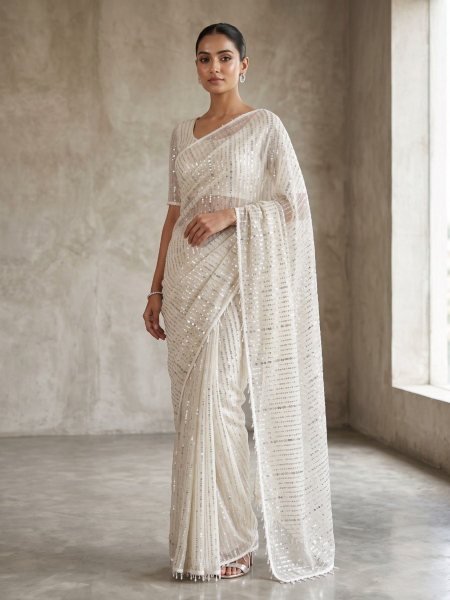 Mesmerizing White Designer Soft Net Saree Collection with Original Beads Work for Festive Wear Sarees 