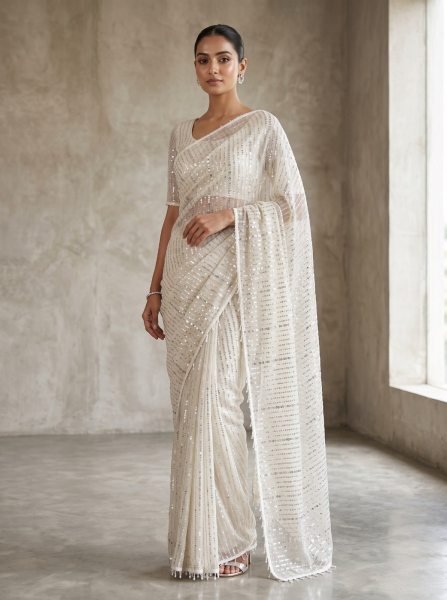 Mesmerizing White Designer Soft Net Saree Collection with Original Beads Work for Festive Wear Bollywood Fancy Sarees Wholesale