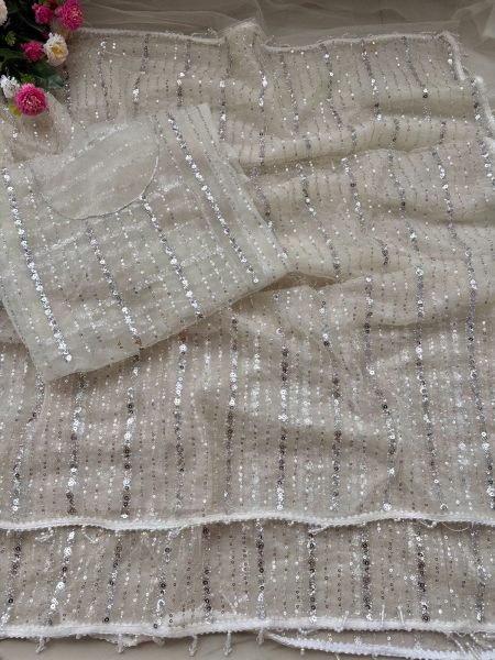 Mesmerizing White Designer Soft Net Saree Collection with Original Beads Work for Festive Wear Bollywood Fancy Sarees Wholesale
