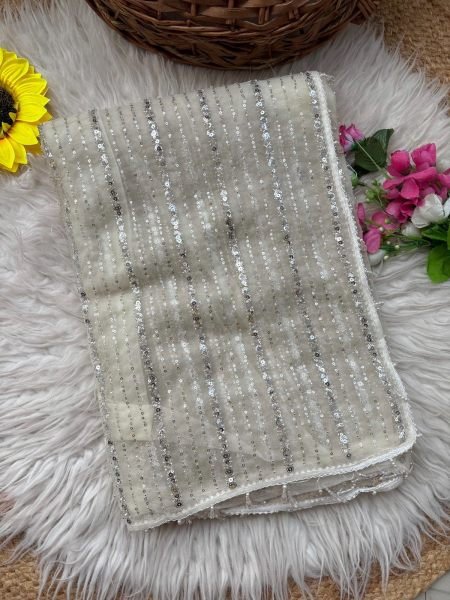 Mesmerizing White Designer Soft Net Saree Collection with Original Beads Work for Festive Wear Bollywood Fancy Sarees Wholesale