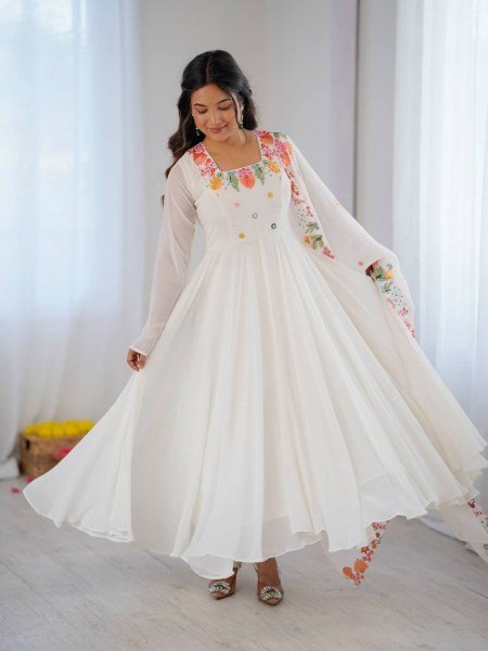 Mesmerizing White Georgette Gown With 7 Meter Flair and Dupatta At Budget Friendly Price 