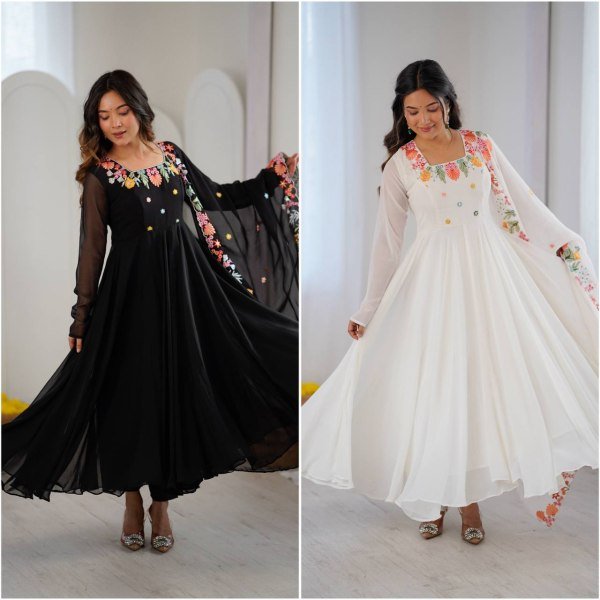 Mesmerizing White Georgette Gown With 7 Meter Flair and Dupatta At Budget Friendly Price Ready To Wear Collection