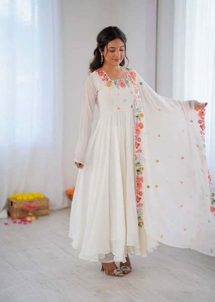 Mesmerizing White Georgette Gown With 7 Meter Flair and Dupatta At Budget Friendly Price Ready To Wear Collection