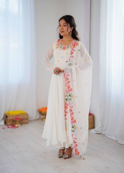 Mesmerizing White Georgette Gown With 7 Meter Flair and Dupatta At Budget Friendly Price Ready To Wear Collection