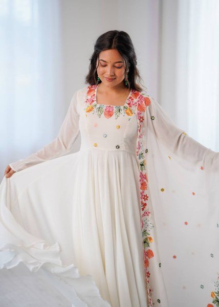 Mesmerizing White Georgette Gown With 7 Meter Flair and Dupatta At Budget Friendly Price Ready To Wear Collection