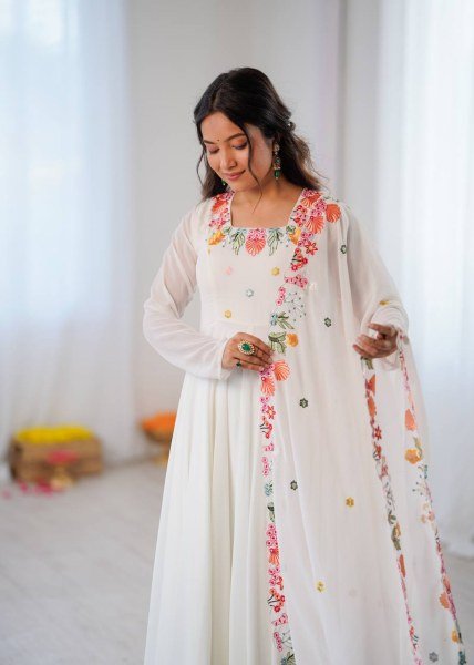 Mesmerizing White Georgette Gown With 7 Meter Flair and Dupatta At Budget Friendly Price Ready To Wear Collection