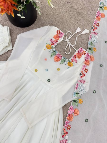 Mesmerizing White Georgette Gown With 7 Meter Flair and Dupatta At Budget Friendly Price Ready To Wear Collection