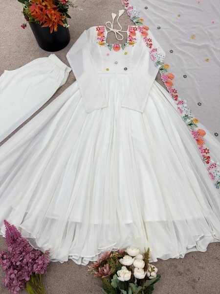 Mesmerizing White Georgette Gown With 7 Meter Flair and Dupatta At Budget Friendly Price Ready To Wear Collection