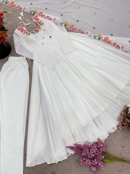 Mesmerizing White Georgette Gown With 7 Meter Flair and Dupatta At Budget Friendly Price Ready To Wear Collection