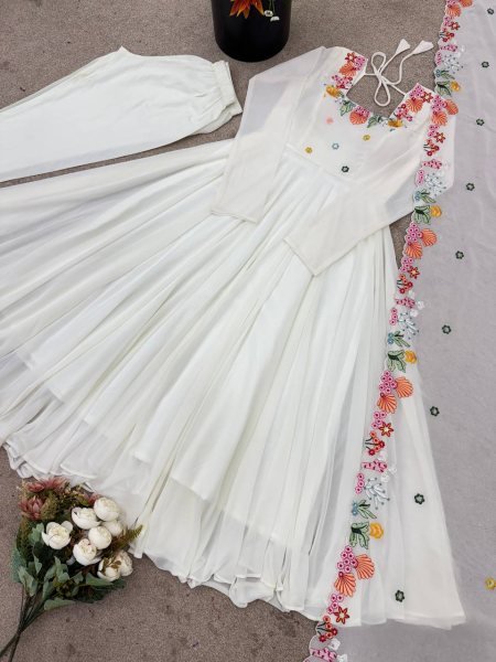 Mesmerizing White Georgette Gown With 7 Meter Flair and Dupatta At Budget Friendly Price Ready To Wear Collection