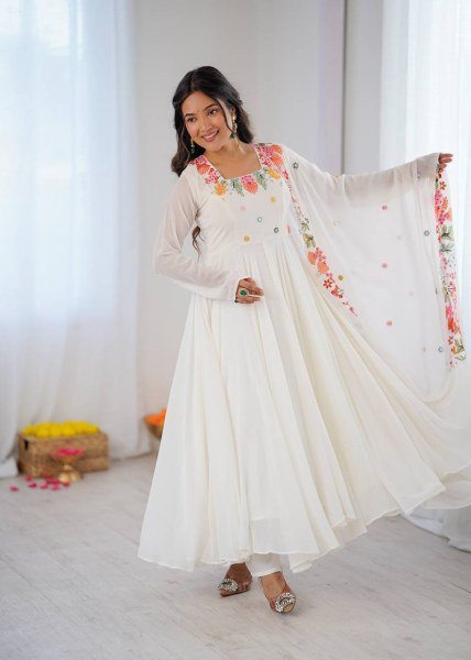 Mesmerizing White Georgette Gown With 7 Meter Flair and Dupatta At Budget Friendly Price Ready To Wear Collection