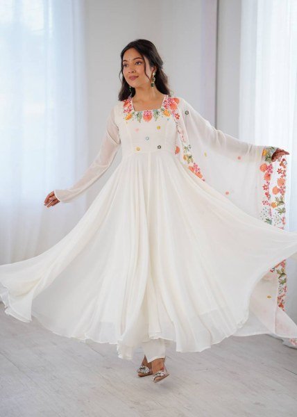 Mesmerizing White Georgette Gown With 7 Meter Flair and Dupatta At Budget Friendly Price Ready To Wear Collection