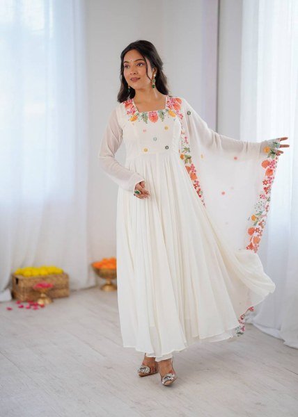 Mesmerizing White Georgette Gown With 7 Meter Flair and Dupatta At Budget Friendly Price Ready To Wear Collection
