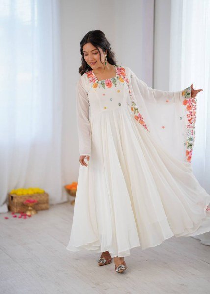 Mesmerizing White Georgette Gown With 7 Meter Flair and Dupatta At Budget Friendly Price Ready To Wear Collection