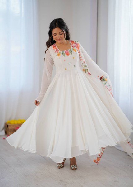 Mesmerizing White Georgette Gown With 7 Meter Flair and Dupatta At Budget Friendly Price Ready To Wear Collection