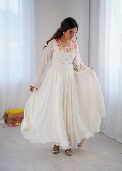 Mesmerizing White Georgette Gown With 7 Meter Flair and Dupatta At Budget Friendly Price Ready To Wear Collection