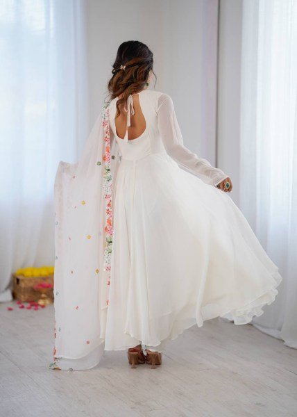 Mesmerizing White Georgette Gown With 7 Meter Flair and Dupatta At Budget Friendly Price Ready To Wear Collection