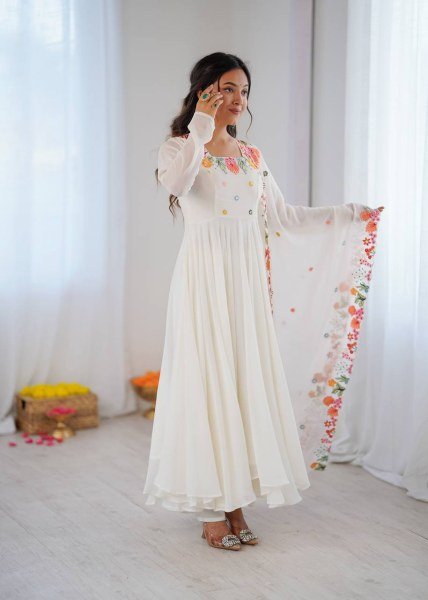 Mesmerizing White Georgette Gown With 7 Meter Flair and Dupatta At Budget Friendly Price Ready To Wear Collection