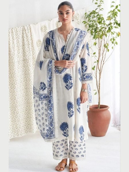 Mesmerizing White Jaipuri Cotton Kurta Pant Dupatta Set with Bracelet Combo Kurtis