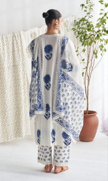 Mesmerizing White Jaipuri Cotton Kurta Pant Dupatta Set with Bracelet Combo Cotton Kurtis Wholesale