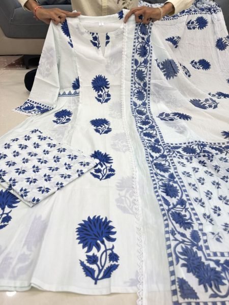 Mesmerizing White Jaipuri Cotton Kurta Pant Dupatta Set with Bracelet Combo Cotton Kurtis Wholesale