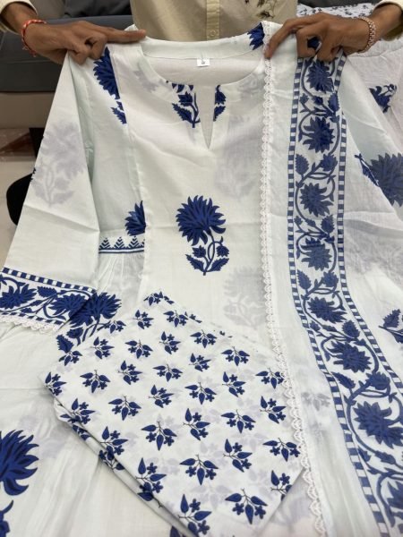 Mesmerizing White Jaipuri Cotton Kurta Pant Dupatta Set with Bracelet Combo Cotton Kurtis Wholesale