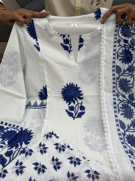 Mesmerizing White Jaipuri Cotton Kurta Pant Dupatta Set with Bracelet Combo Cotton Kurtis Wholesale