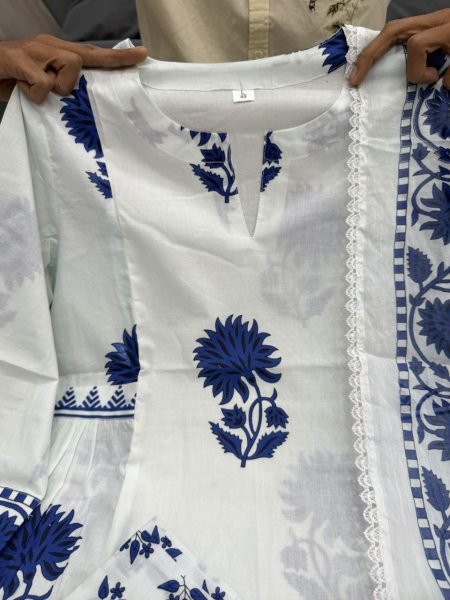 Mesmerizing White Jaipuri Cotton Kurta Pant Dupatta Set with Bracelet Combo Cotton Kurtis Wholesale