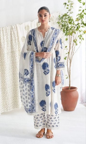Mesmerizing White Jaipuri Cotton Kurta Pant Dupatta Set with Bracelet Combo Cotton Kurtis Wholesale