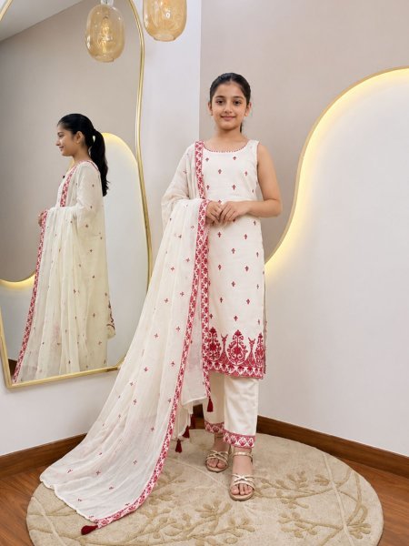 Mesmerizing White Kids Pure Cotton Kurti Pant and Dupatta Set with Embroidery Work Kurtis