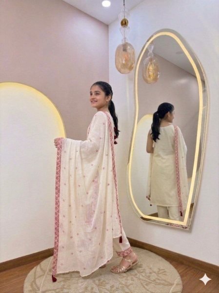 Mesmerizing White Kids Pure Cotton Kurti Pant and Dupatta Set with Embroidery Work Girls Wear