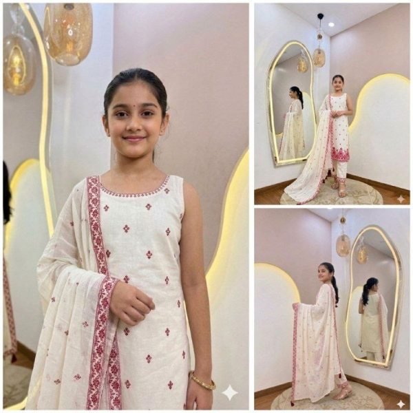 Mesmerizing White Kids Pure Cotton Kurti Pant and Dupatta Set with Embroidery Work Girls Wear