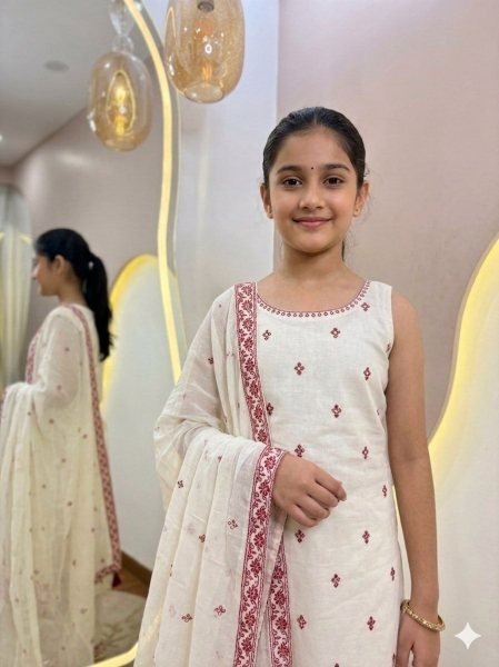 Mesmerizing White Kids Pure Cotton Kurti Pant and Dupatta Set with Embroidery Work Girls Wear