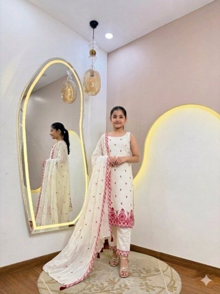 Mesmerizing White Kids Pure Cotton Kurti Pant and Dupatta Set with Embroidery Work Girls Wear