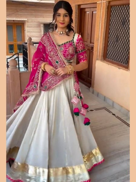Mesmerizing White Pink Navratri Lehenga Choli with Embroidered Georgette Dupatta 