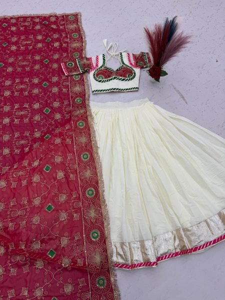 Mesmerizing White Pink Navratri Lehenga Choli with Embroidered Georgette Dupatta Navratri Lehnega Choli