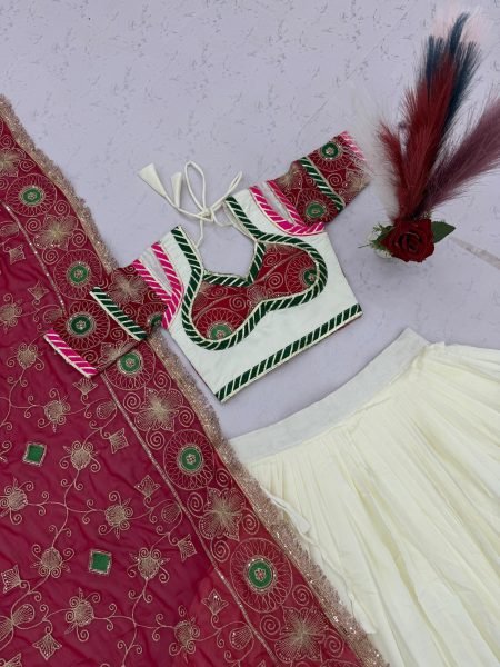 Mesmerizing White Pink Navratri Lehenga Choli with Embroidered Georgette Dupatta Navratri Lehnega Choli